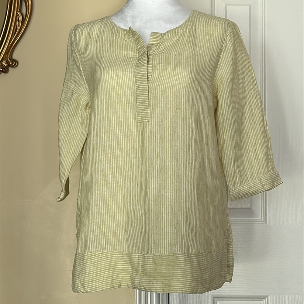J. Jill Love Linen Popover Pinstripe top in Yellow/White 3/4 Sleeve Vaca Coastal